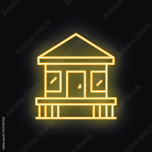 Glowing yellow neon sign depicting a one story house with a terrace, suitable for use in designs related to real estate, architecture, or construction