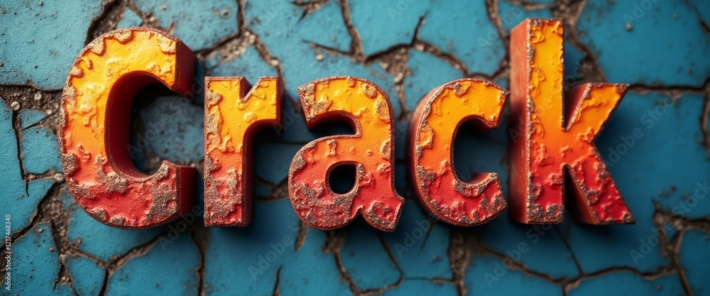 Obraz premium The striking word Crack stands out in fiery orange and red hues, set against a textured, cracked blue surface. This dynamic image captures the essence of contrast and decay, evoking feelings of