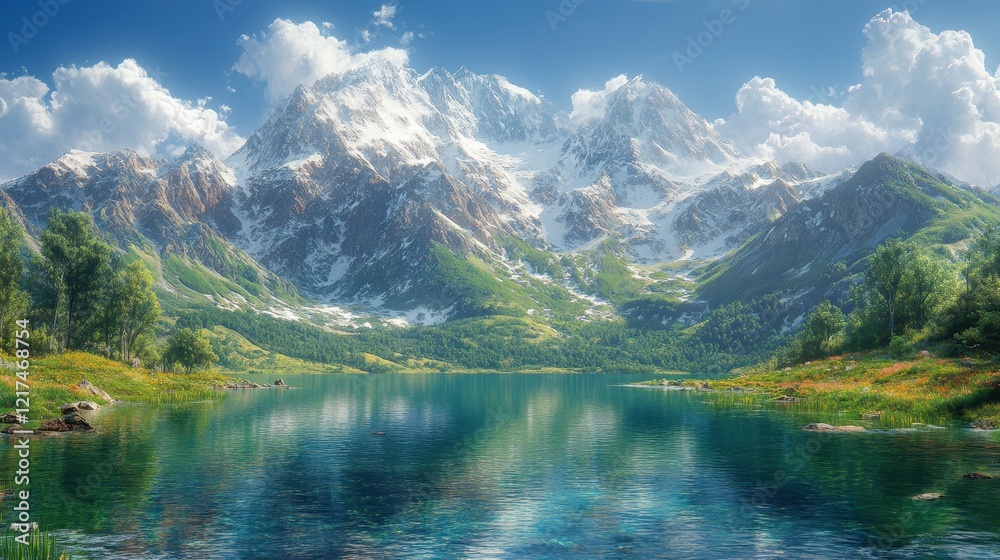 Scenic mountain landscape with a serene lake and lush greenery. Scenic mountain landscape with a serene lake and lush greenery.