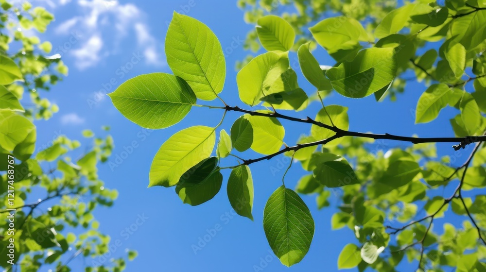 Fototapeta premium Vibrant green leaves against clear blue sky on a sunny day