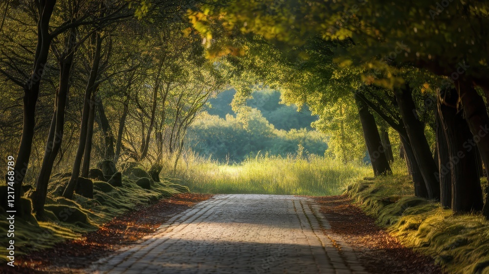 A serene path lined with lush green trees invites exploration in a tranquil nature setting. A serene path lined with lush green trees invites exploration in a tranquil nature setting.