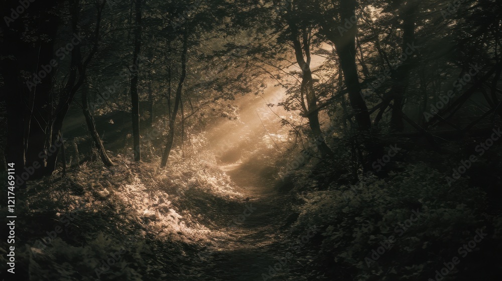 Obraz premium A serene forest path illuminated by soft rays of light peeking through the trees, creating a magical atmosphere.