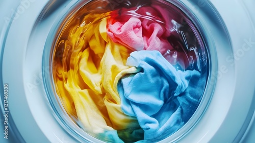 Colorful Clothes Spinning in Washing Machine Drum with Laundry Service Concept
