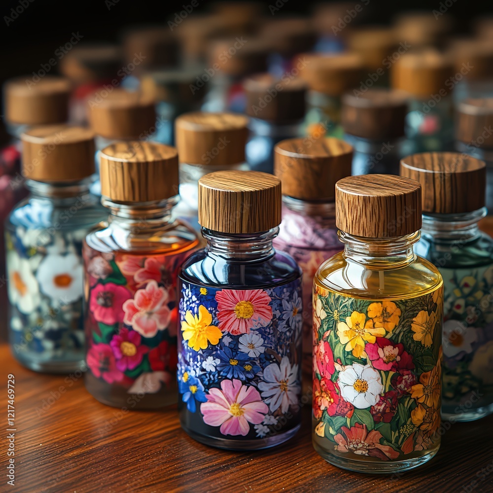Custom perfume labels displayed on small travel-sized bottles Custom perfume labels displayed on small travel-sized bottles