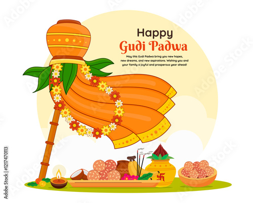 Happy gudi padwa puja lunar new year celebration in maharashtra of india