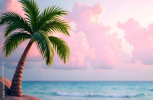 Tropical sunset with palm tree and ocean. Copy space. 