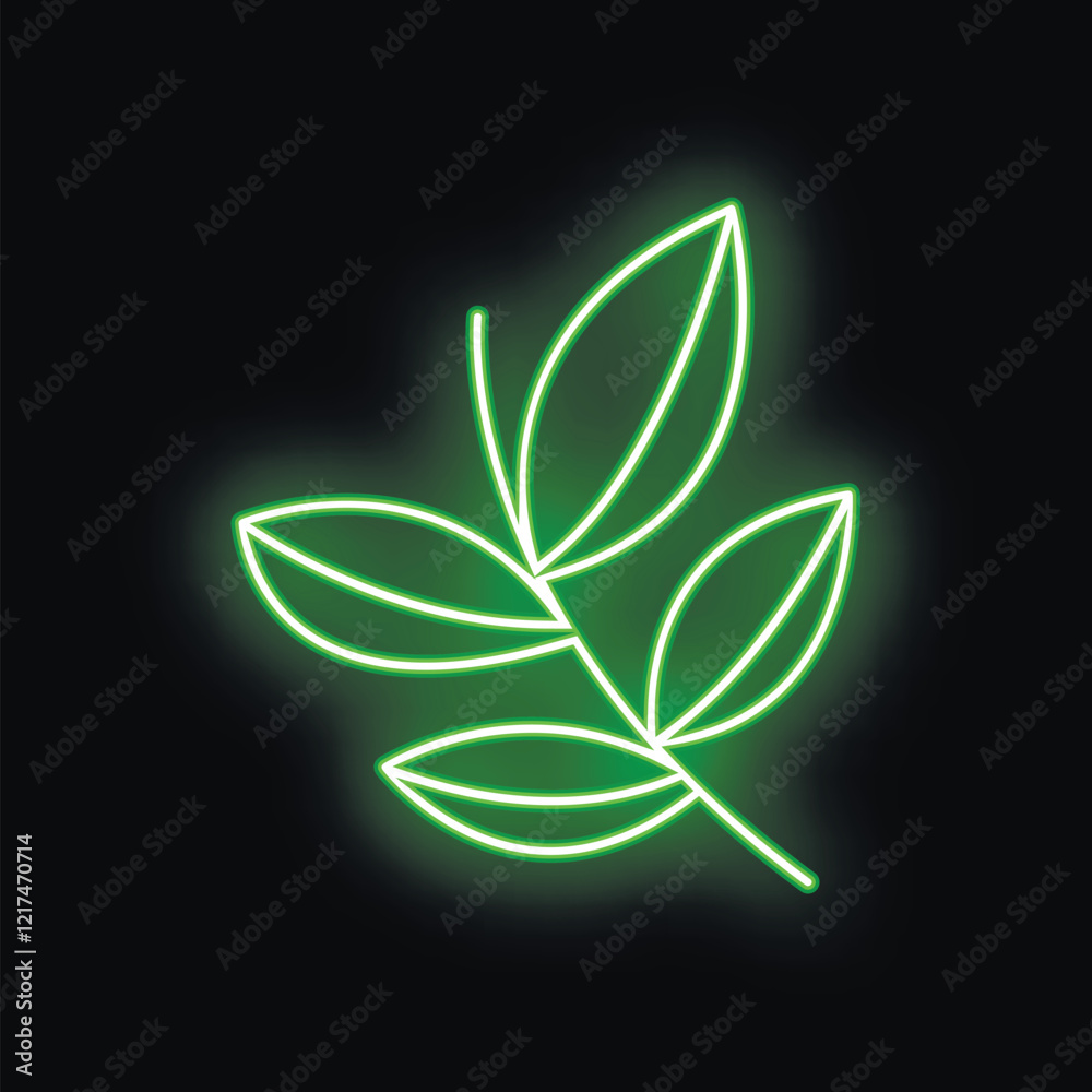 Green neon branch with leaves glowing on black background representing nature, growth and sustainability Green neon branch with leaves glowing on black background representing nature, growth and sustainability