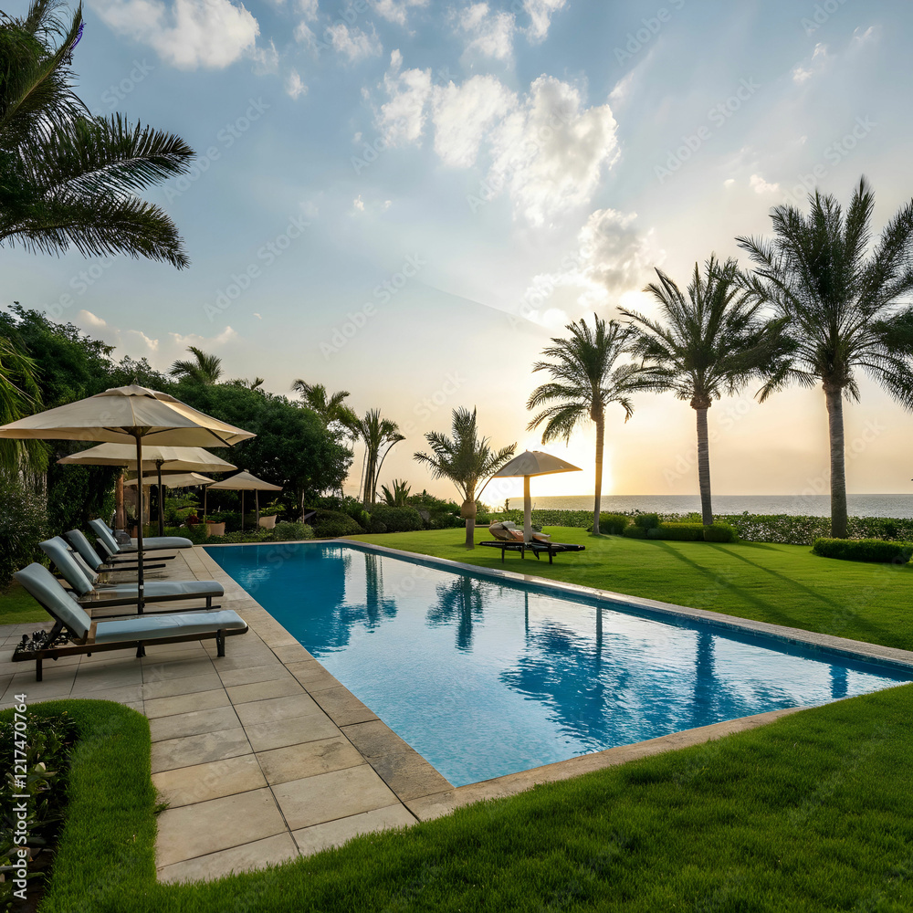 Fototapeta premium A swimming pool provides a refreshing place for recreation, relaxation, and exercise