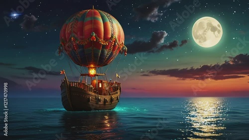 balloon ship floating in sea water.Seamless 4k time lapse virtual video animation