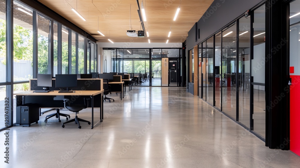Modern office hallway, workstations, natural light, glass walls, education Modern office hallway, workstations, natural light, glass walls, education