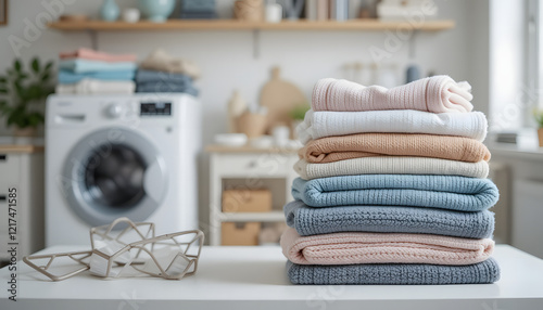 white table was adorned with neatly folded stacks of laundry, while a washing machine stood in room