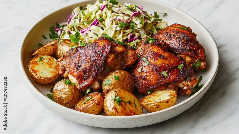 Roasted chicken thighs with baby potatoes and cabbage slaw on plate Roasted chicken thighs with baby potatoes and cabbage slaw on plate