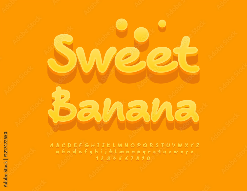 Vector tasty label Sweet Banana. Artistic 3D Font. Modern Yellow Alphabet Letters and Numbers. Vector tasty label Sweet Banana. Artistic 3D Font. Modern Yellow Alphabet Letters and Numbers.