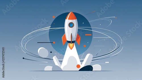A stylized, minimalist illustration of a rocket ship blasting off, symbolizing investment growth and corporate business startup success.