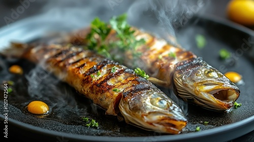 Steaming grilled fish, dark plate, kitchen, food blog photo