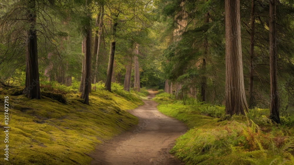 Serene forest pathway surrounded by lush greenery, inviting exploration and tranquility. Serene forest pathway surrounded by lush greenery, inviting exploration and tranquility.