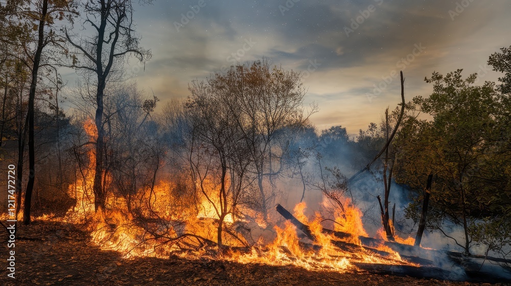 A dramatic scene of a controlled forest fire consuming dry foliage, with flames illuminating the twilight sky, showcasing the power of nature. A dramatic scene of a controlled forest fire consuming dry foliage, with flames illuminating the twilight sky, showcasing the power of nature.
