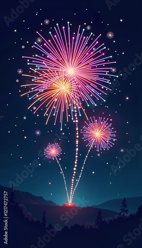 Modern vector illustration of colorful fireworks bursting in a navy-blue night sky, minimalist and vibrant