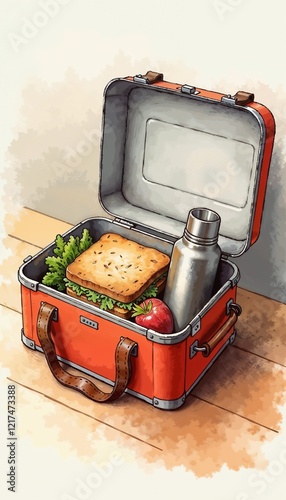 Watercolor painting of an open worker’s lunchbox with a sandwich, fruit, and thermos, warm nostalgic tones