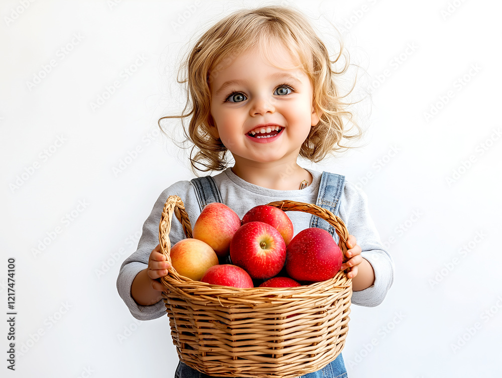 Adorable toddler holding a basket full of ripe red apples smiling happily at the camera. Adorable toddler holding a basket full of ripe red apples smiling happily at the camera.