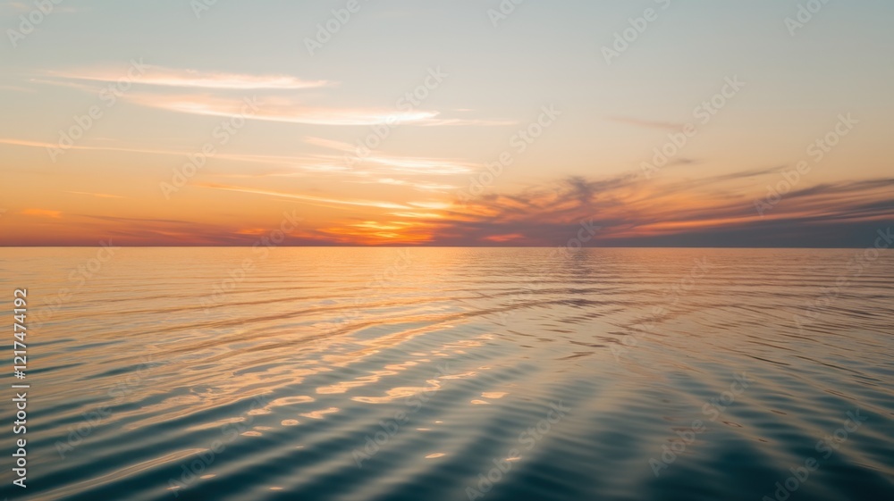 Fototapeta premium A serene sunset over calm ocean waters, with gentle waves reflecting a palette of orange and blue hues.