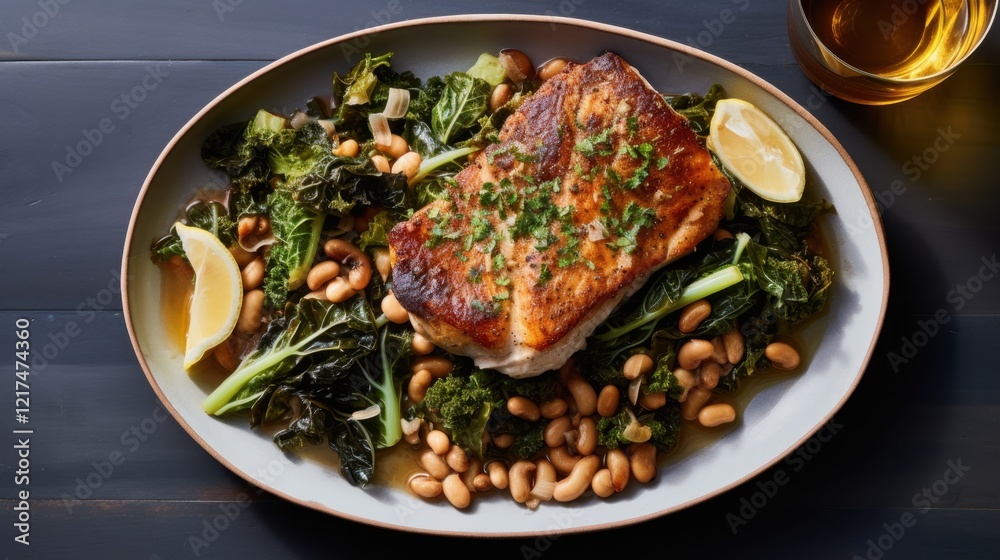Grilled salmon fillet on greens with lemon and beans Grilled salmon fillet on greens with lemon and beans