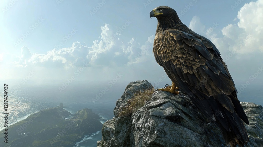 Fototapeta premium Majestic sea eagle perches on rocky cliff overlooking vibrant ocean landscape