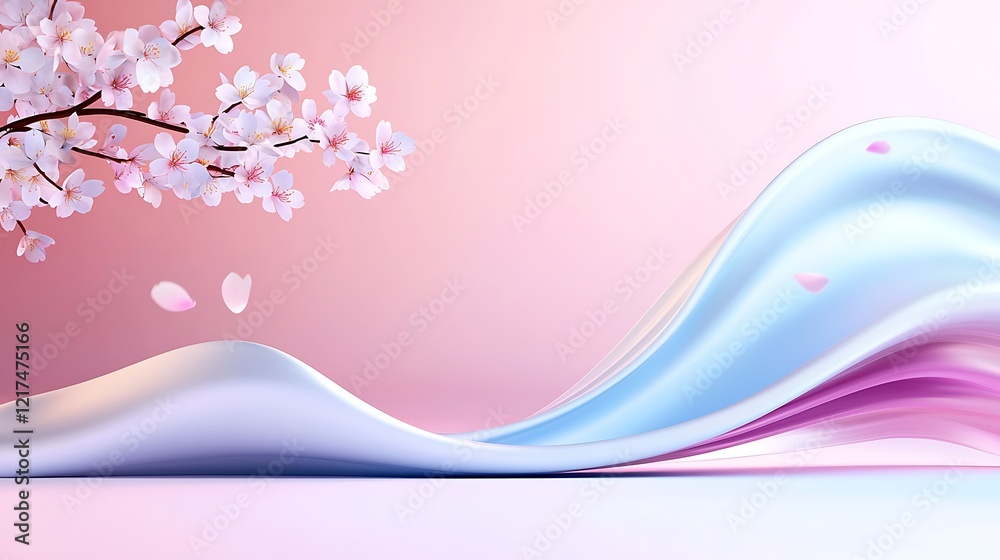 Pastel pink and blue abstract wave background with delicate cherry blossoms. Pastel pink and blue abstract wave background with delicate cherry blossoms.