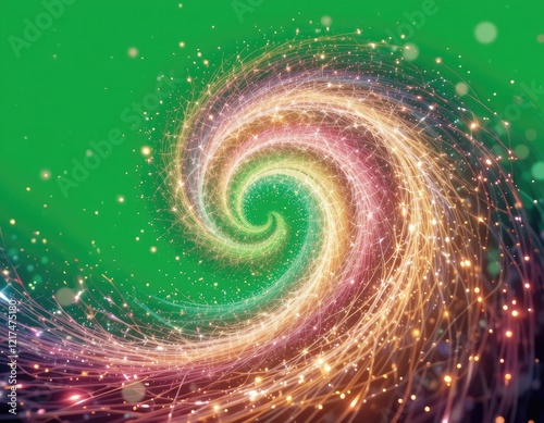 Colorful spiral light trails on green background photo