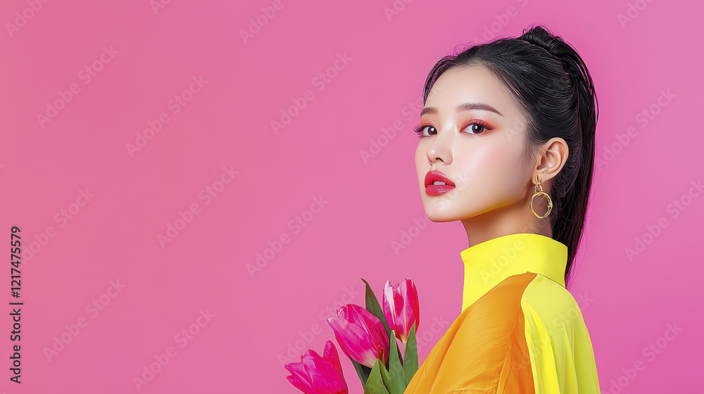 woman in vibrant yellow outfit holds pink tulips against pink background, exuding elegance and confidence woman in vibrant yellow outfit holds pink tulips against pink background, exuding elegance and confidence