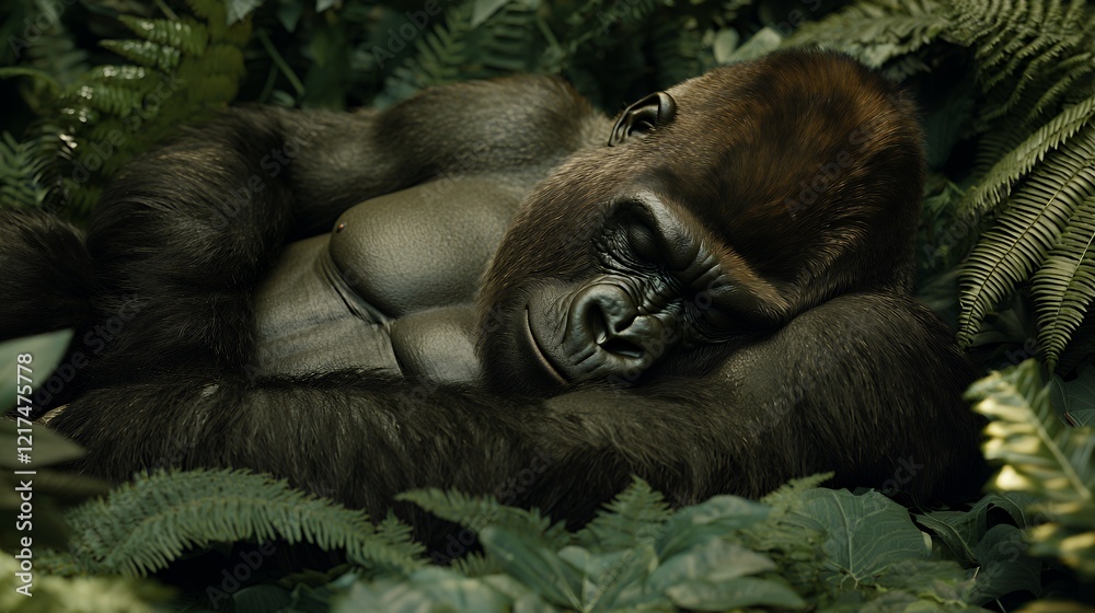Serene Gorilla Slumber in Lush Rainforest Serene Gorilla Slumber in Lush Rainforest