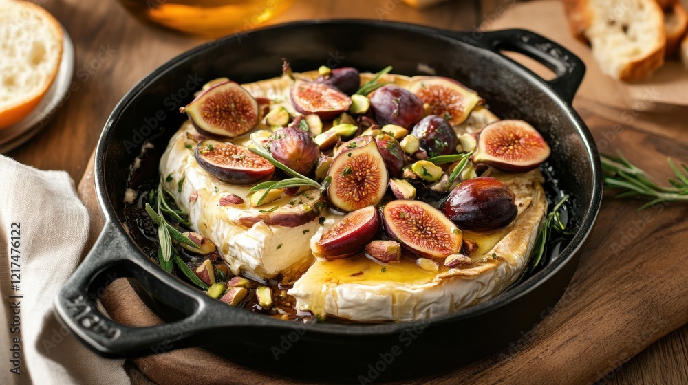 Baked brie with figs and pistachios in cast iron skillet garnished with rosemary Baked brie with figs and pistachios in cast iron skillet garnished with rosemary
