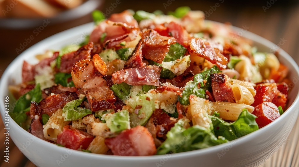 Delicious bacon penne salad with lettuce and parmesan in a white bowl Delicious bacon penne salad with lettuce and parmesan in a white bowl