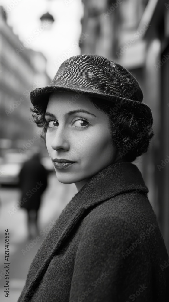 Fototapeta premium Portrait of an elegant French woman in the 1940s on a street in Paris. A beautiful French woman in black and white photography.