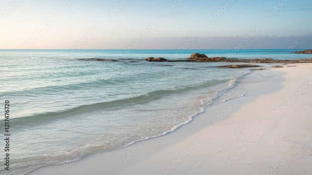 Obraz premium Serene beach with gentle waves lapping against soft white sand, accompanied by smooth rocky outcrops in the distance, creating a tranquil coastal scene.