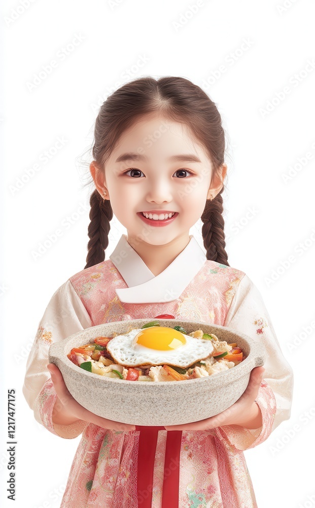 A Korean child in a national costume with a plate of bibimbap. A Korean child in a national costume with a plate of bibimbap.
