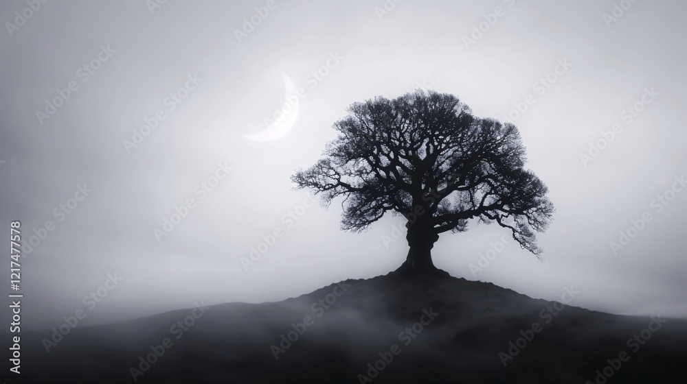 Obraz premium mystical silhouette of a lone tree against a foggy moonlit sky