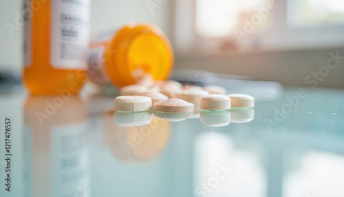 Antihistamine tablets on glass table with soft-focused light, seasonal relief