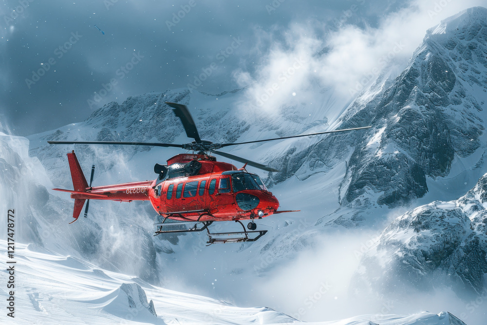 Obraz premium Rescue helicopter navigates snowy mountain terrain during a challenging operation