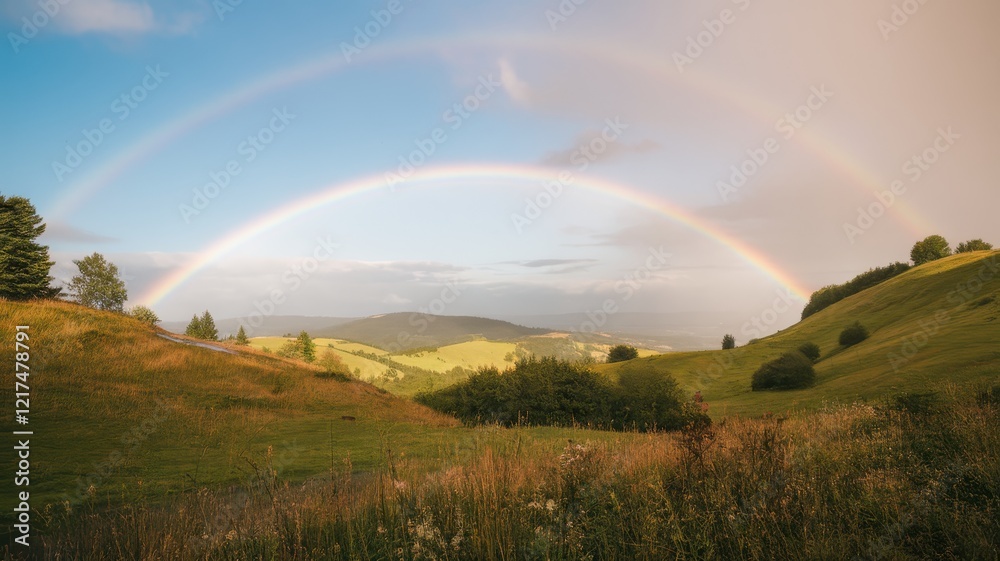 A breathtaking view of a double rainbow arcing over rolling green hills, creating a serene and magical atmosphere after a light rain shower. A breathtaking view of a double rainbow arcing over rolling green hills, creating a serene and magical atmosphere after a light rain shower.