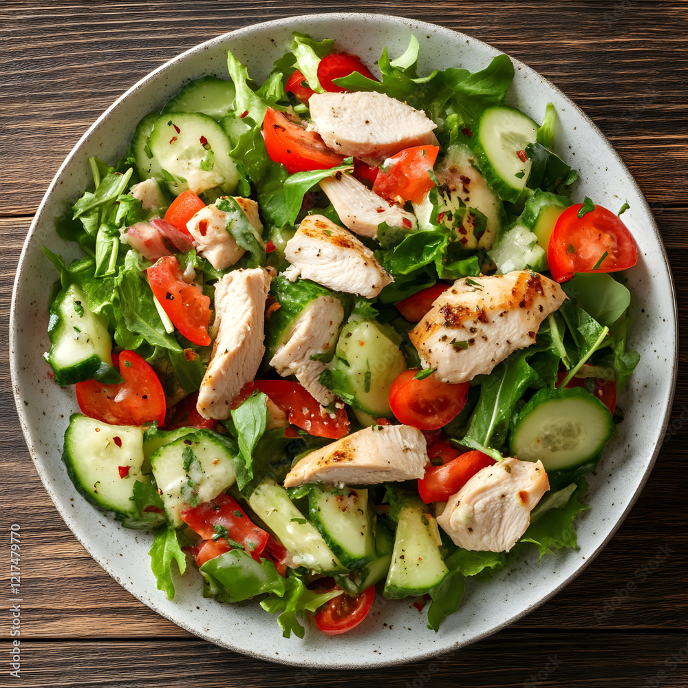 Fresh Greek Salad with Tomatoes Lettuce Cucumber Cheese and Chicken on a White Plate Fresh Greek Salad with Tomatoes Lettuce Cucumber Cheese and Chicken on a White Plate