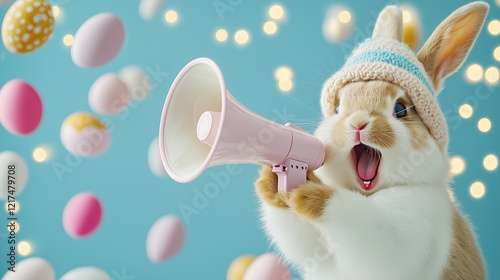A cheerful bunny wearing a knitted hat enthusiastically holds a pastel pink megaphone with colorful Easter eggs floating in the background, celebrating the festive spirit