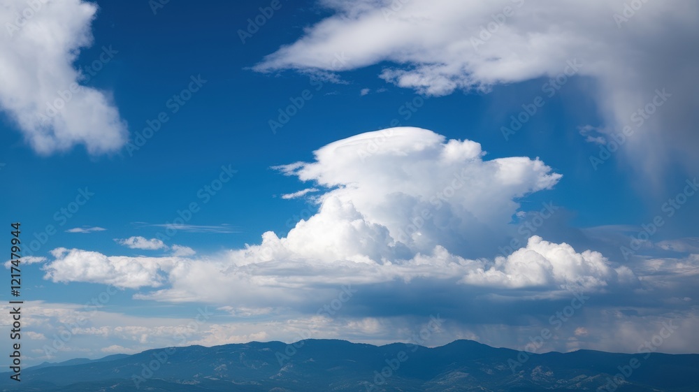 A stunning view of billowy white clouds against a vibrant blue sky, with mountain silhouettes in the background, creating a serene and uplifting atmosphere. A stunning view of billowy white clouds against a vibrant blue sky, with mountain silhouettes in the background, creating a serene and uplifting atmosphere.