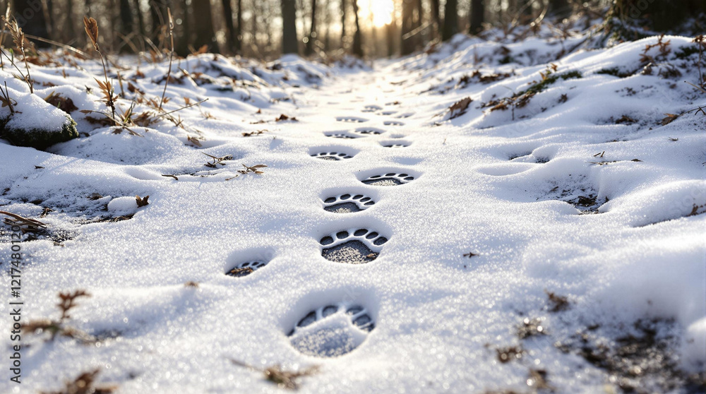 Animal tracks in melting snow at forest terrain, winter exploration Animal tracks in melting snow at forest terrain, winter exploration
