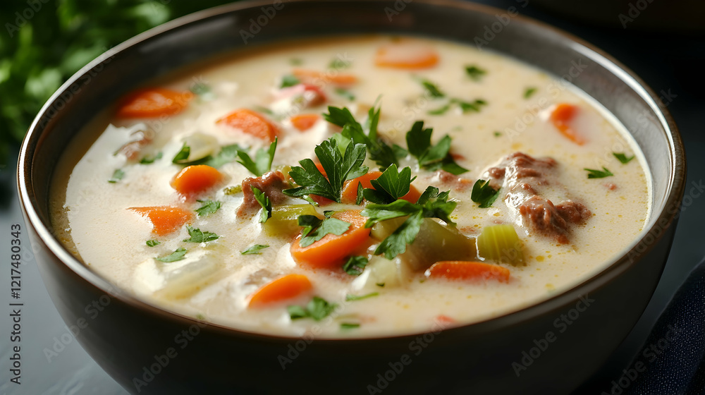 A clean bowl of creamy beef stew with vegetables and garnished with fresh parsley under soft natural light A clean bowl of creamy beef stew with vegetables and garnished with fresh parsley under soft natural light