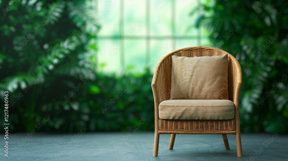 Fototapeta premium cozy rattan chair surrounded by lush greenery in bright indoor space