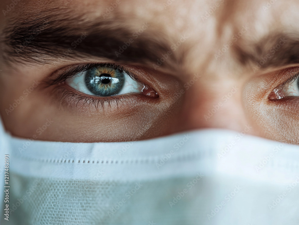 Worried expression captured in close-up with a medical mask highlighting concern during uncertain times