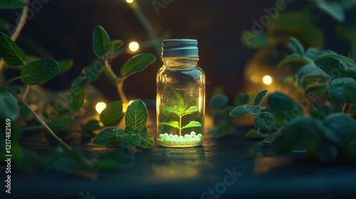 A glowing vial with a sprouting plant surrounded by fresh herbs and soft fairy lights, with copy space, symbolizing natural healing and growth.