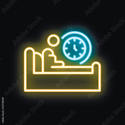 Neon icon of a person sleeping soundly in bed, with a clock indicating the time, symbolizing sleep, rest, and relaxation