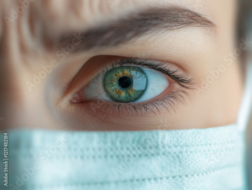 Worried expression showing concern and anxiety in a close-up portrait with a medical mask